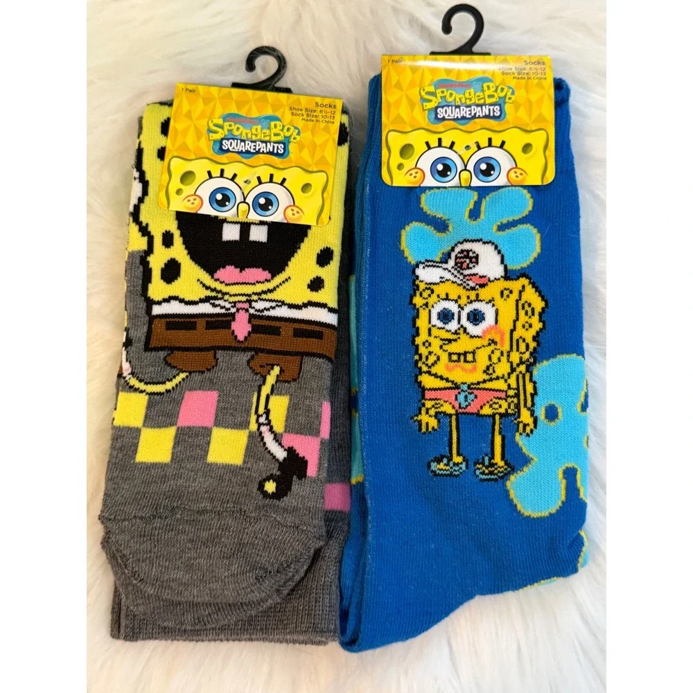 SpongeBob SquarePants Crew Socks 2 Pair Set Grey Blue Mens Size 6.5-12 New